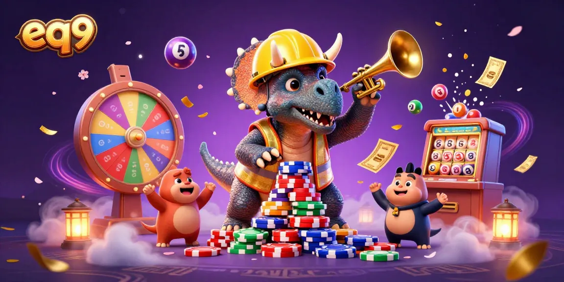 Experience excitement with eq9 while cartoon dinosaurs celebrate a casino win in vibrant detail.