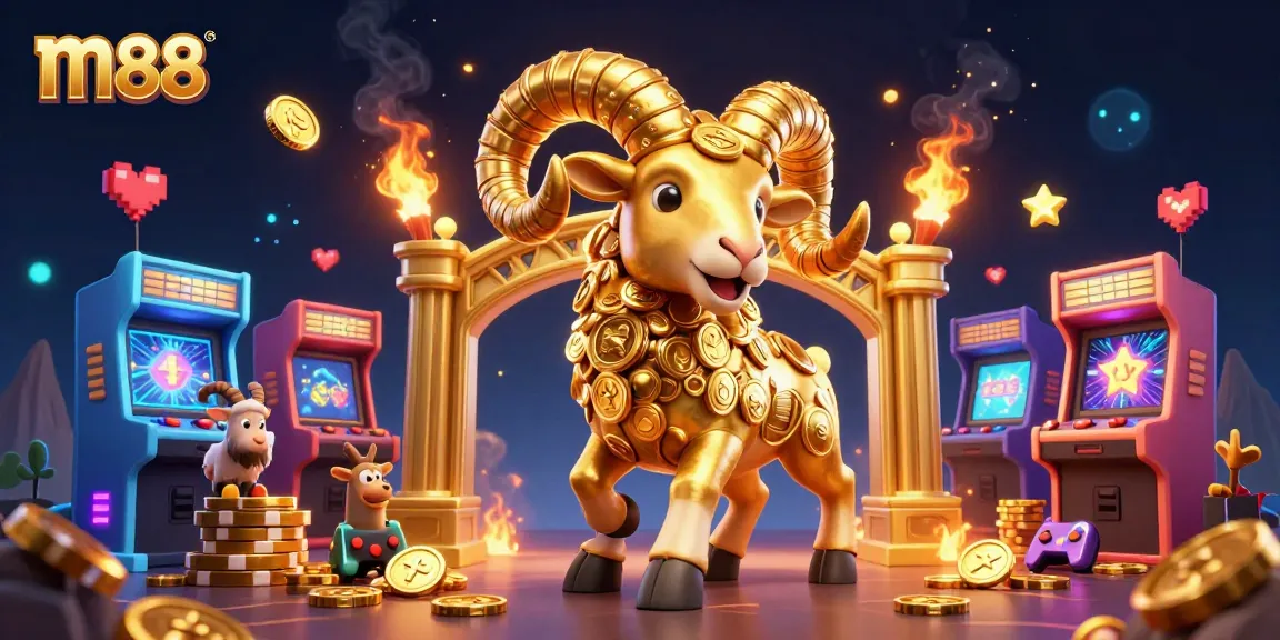 Experience thrilling action at m88, depicted with a golden ram charging through a casino game wonderland.