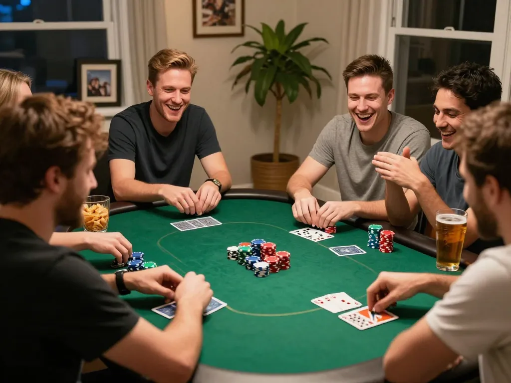 Friends enjoying poker night at home with strategic gameplay and laughter, showcasing gamebaidoithuong8 atmosphere
