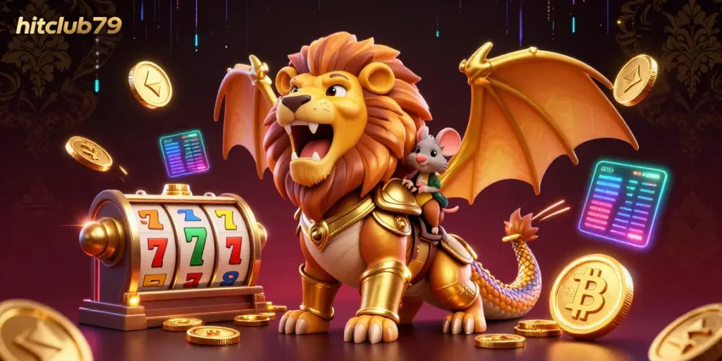 Engage with hitclub79's thrilling casino escapade featuring a roaring chimera and neon crypto elements.