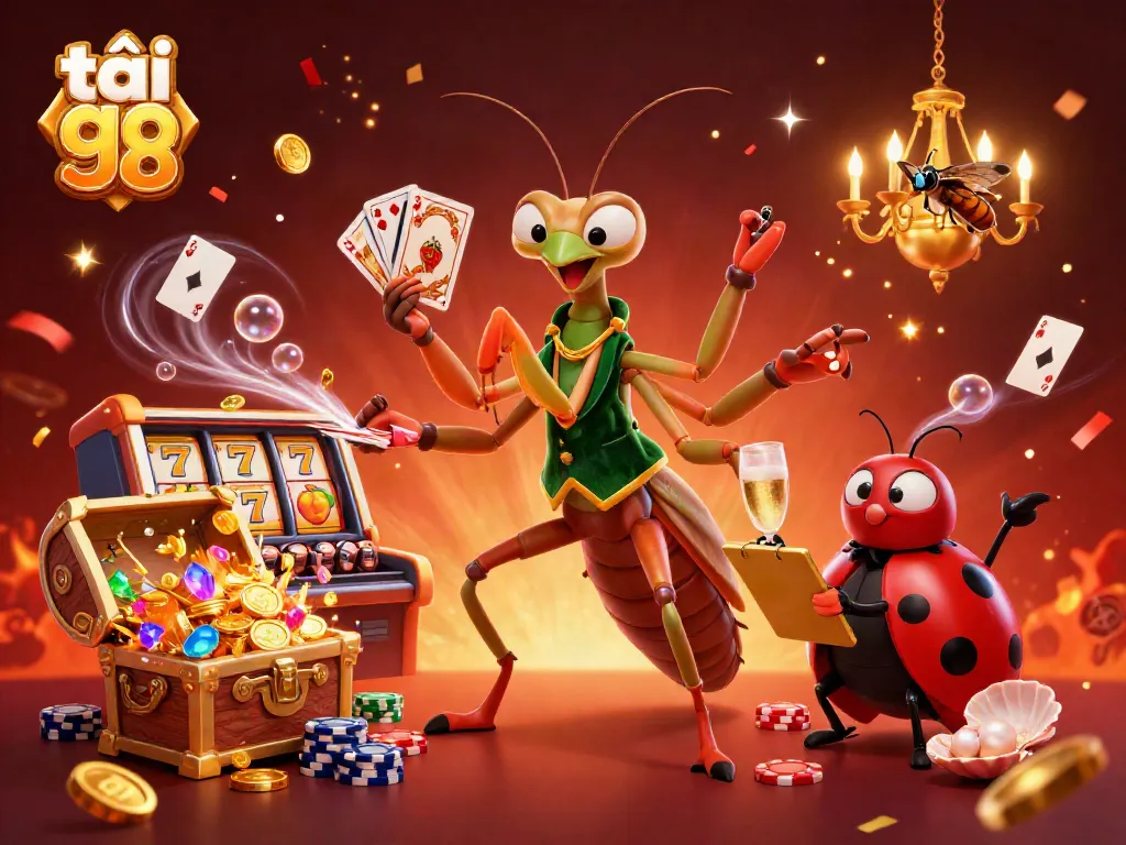 Join the excitement of tải go 88 at this vibrant casino scene with a giant praying mantis and ladybug pit boss