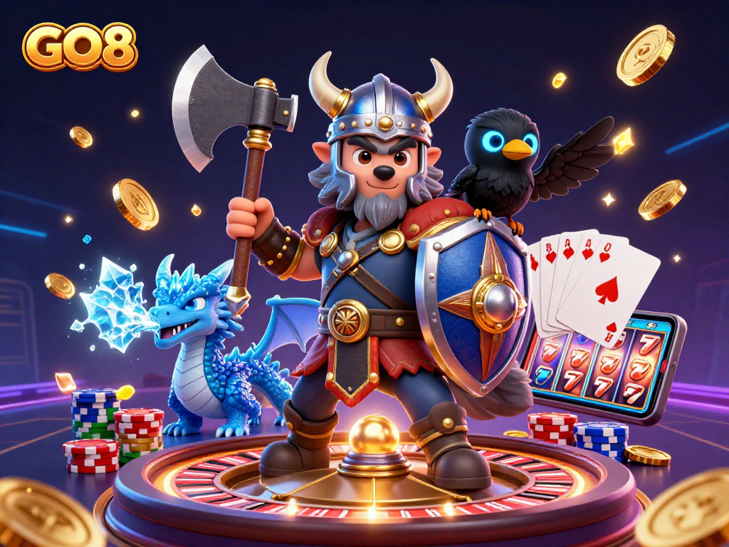 Experience casino excitement with GO8, featuring a Viking wolf warrior and dynamic gaming elements.