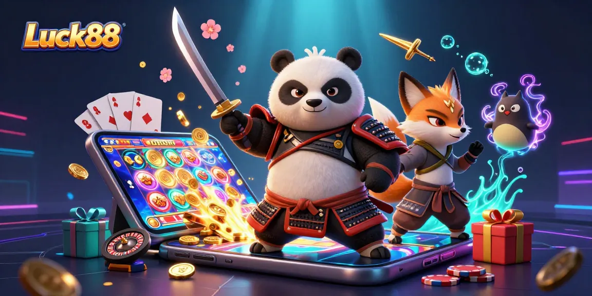 Experience the excitement of Luck88 casino with a vibrant 3D illustration featuring adventurous characters and dynamic game elements.
