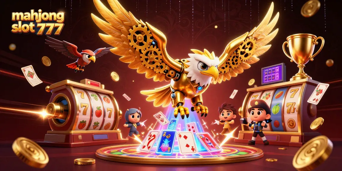 Experience excitement with Mahjong Slot 777 as golden eagles dive through vibrant casino elements.