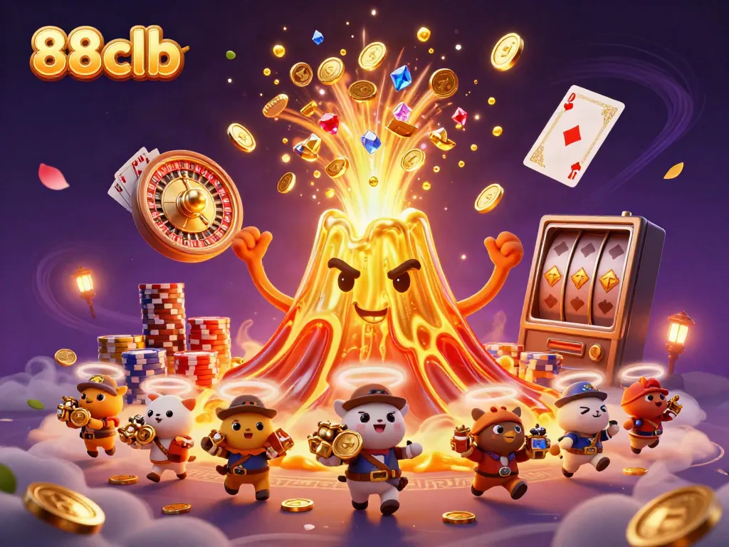 Engage with 88clb's vibrant casino scene surrounded by golden treasures and thrilling gaming elements.