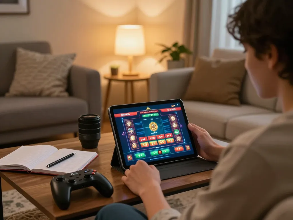 Engaging in tr88 đăng nhập on a tablet in a cozy living room setting with notes nearby
