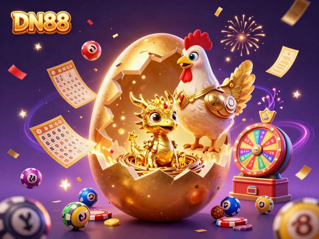 Experience the excitement of DN88 as a golden dragon emerges from a nest of poker chips amidst festive lottery elements.