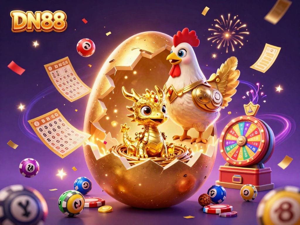 Experience the excitement of DN88 as a golden dragon emerges from a nest of poker chips amidst festive lottery elements.