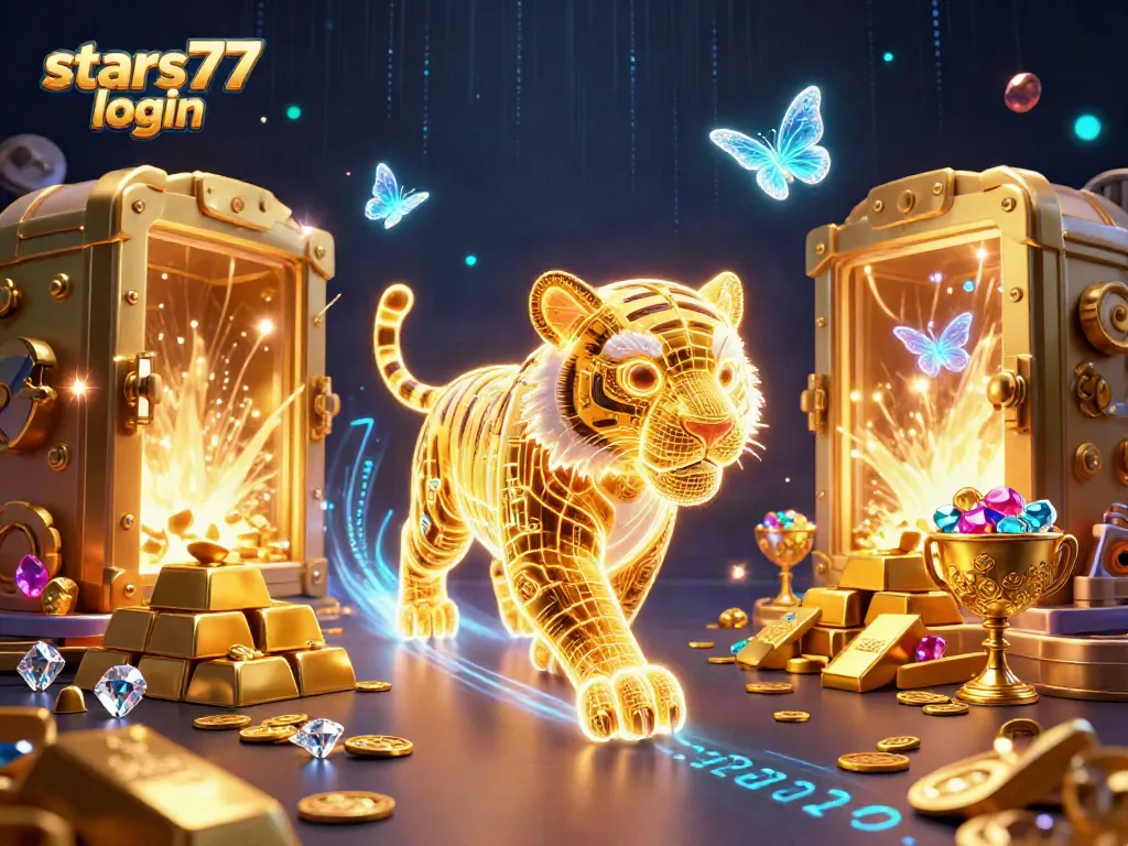 Masuk ke stars77 login untuk menikmati pengalaman bermain kasino dengan tumpukan emas dan karakter neon.