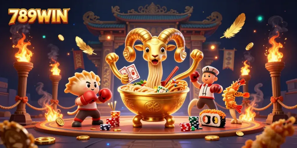 Feel the thrill of action at 789WIN with a vibrant illustration of a giant golden ramen bowl and fun characters!