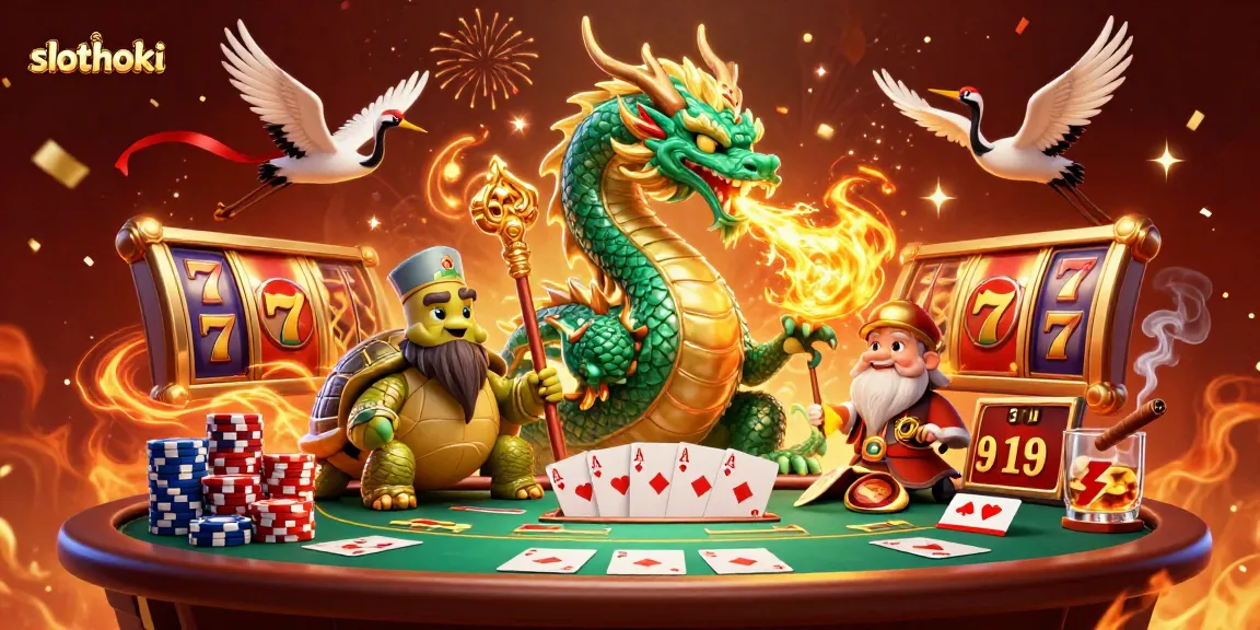 Menyaksikan slot hoki dengan naga giok emerald, kura-kura bijak, dan bangau keberuntungan terbang.