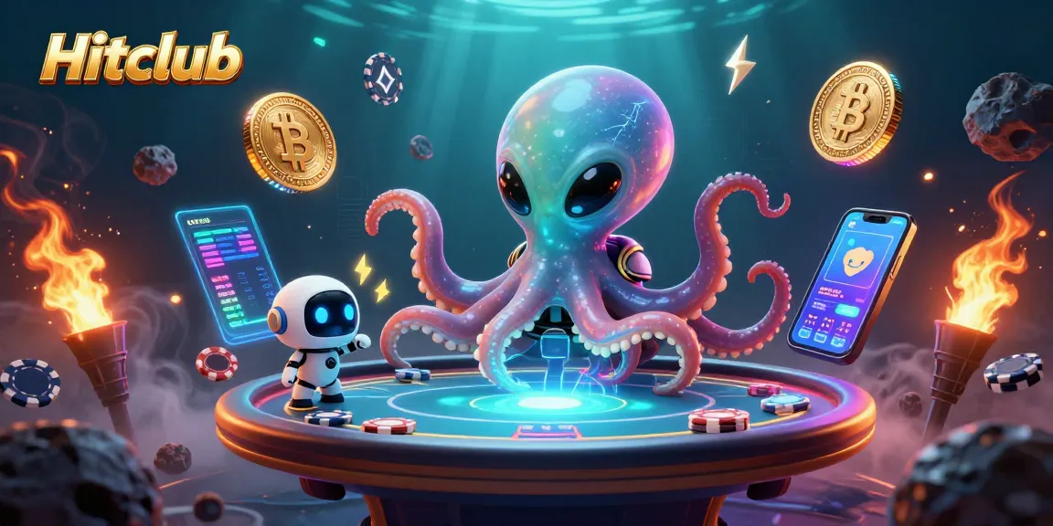 Hitclub showcases an alien octopus at a poker table with crypto elements, illustrating the vibrant casino atmosphere.