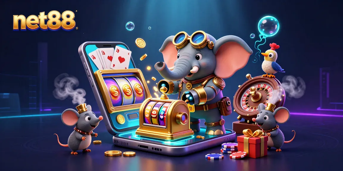 Spin slot reels with net88's steampunk elephant engineer in a vibrant casino scene.