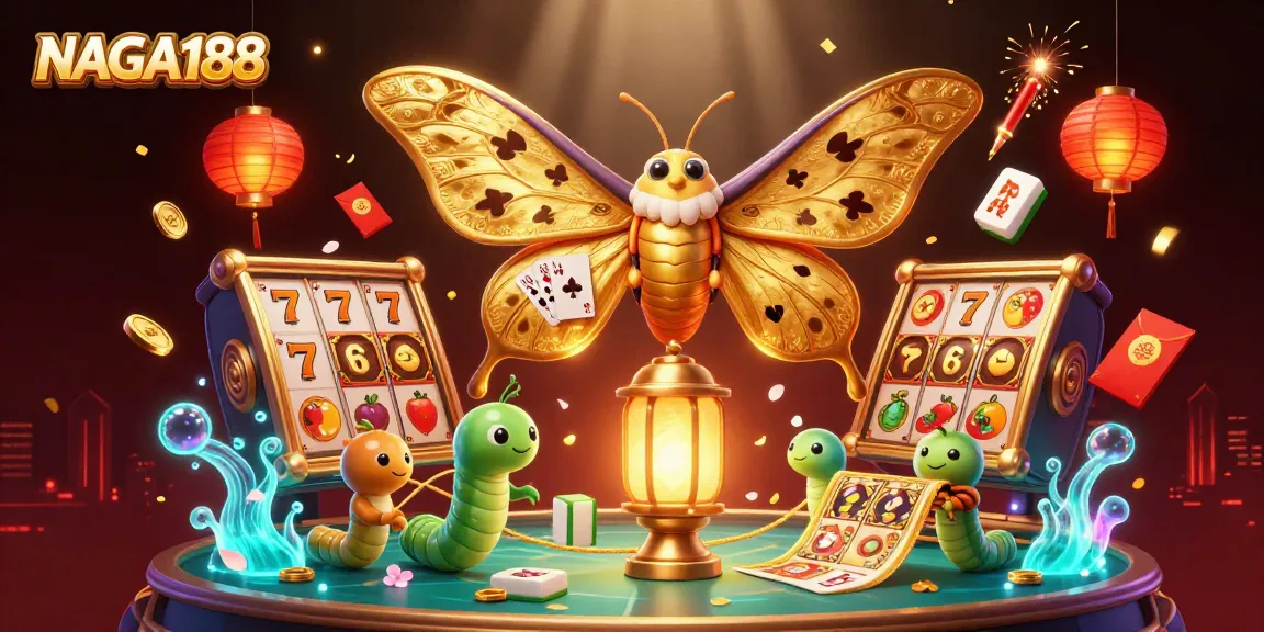 NAGA188 menghadirkan slot online dengan simbol keberuntungan mengelilingi ngengat emas berkilau.