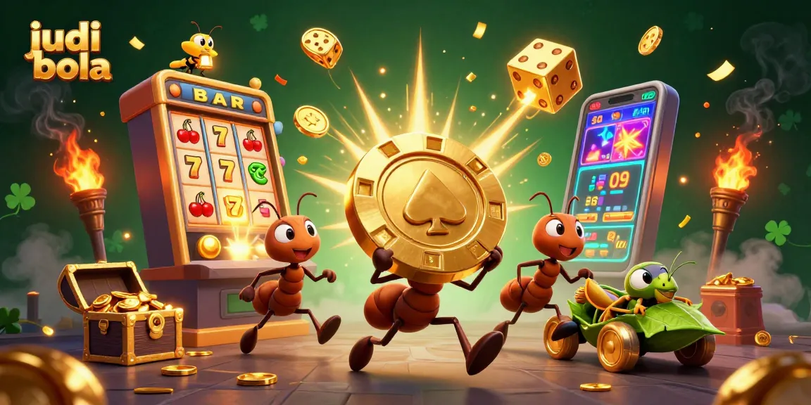 Engage in judi bola with a cartoon heist scene featuring ants and a grasshopper amidst casino action.