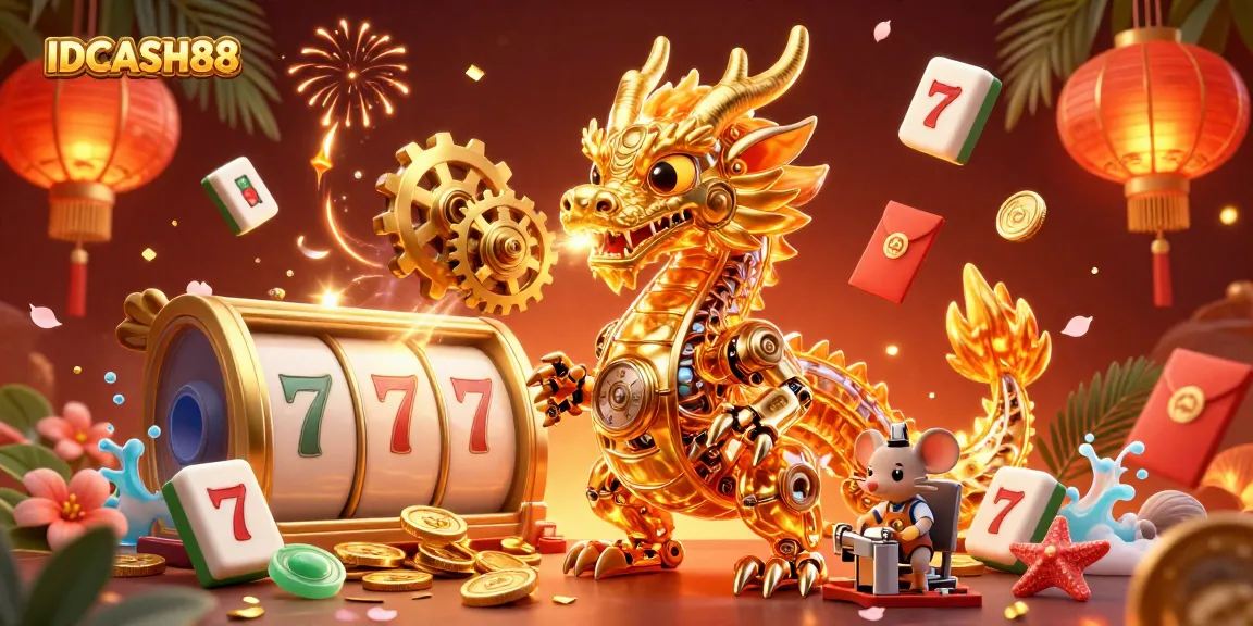 Engage with IDCASH88's thrilling slot action and stunning visuals in this vibrant casino illustration.
