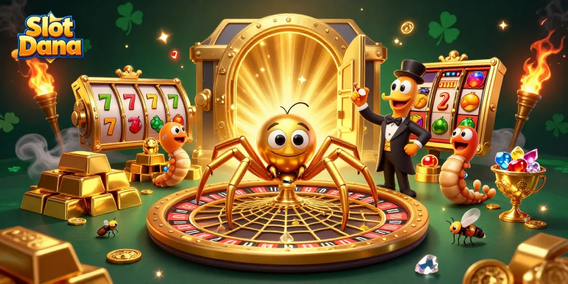 Spin to win at Slot Dana with golden spider and thrilling jackpot elements in a vibrant casino scene.