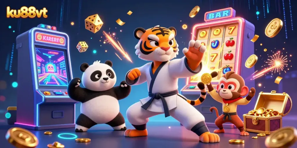 Experience thrilling gaming action at ku88vt with vibrant 3D casino characters and jackpot excitement.