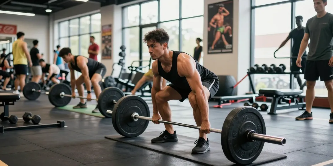 Bodybuilder, der im Steroidshop-Fitnessstudio Gewichte hebt, wobei Krafttraining und eine sportliche Umgebung betont werden.