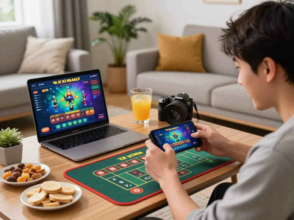 Playing tài xỉu online on mobile while enjoying a cozy home ambiance with snacks and drinks.
