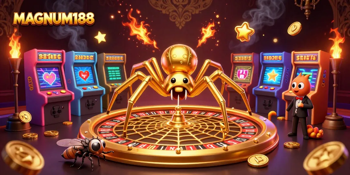 Engage with MAGNUM188's thrilling casino atmosphere featuring a golden spider creating a roulette wheel web.