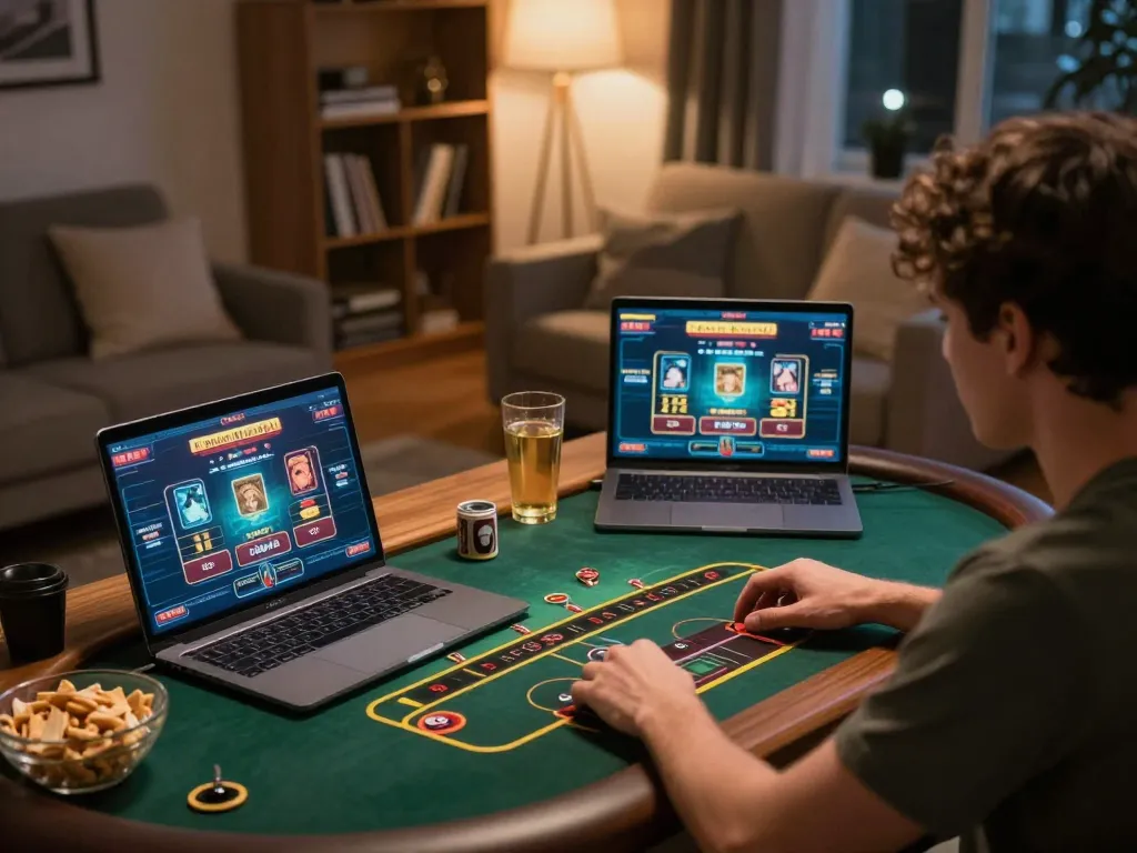 Nohu90 player engaged in exciting live dealer game on laptop at home, promoting strategic gameplay.