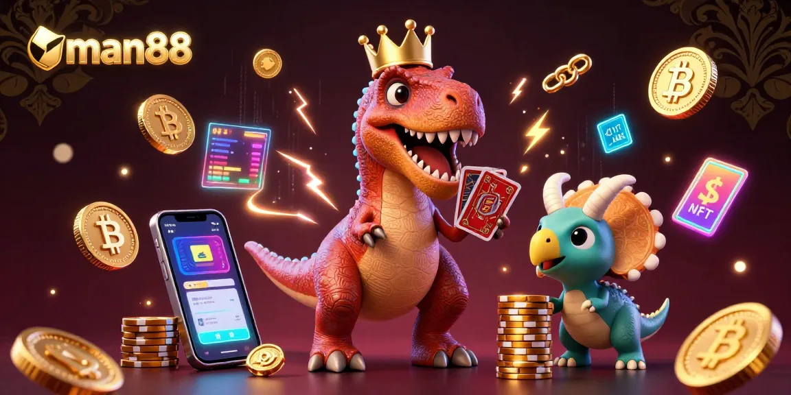 Bet on man88 with a friendly T-Rex dealing cards amidst shining casino elements.