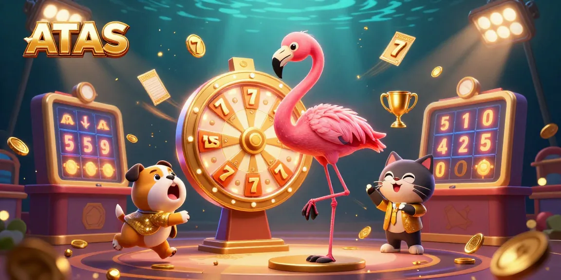Experience the excitement of ATAS Casino with spinning slot reels and dynamic characters in an engaging illustration.