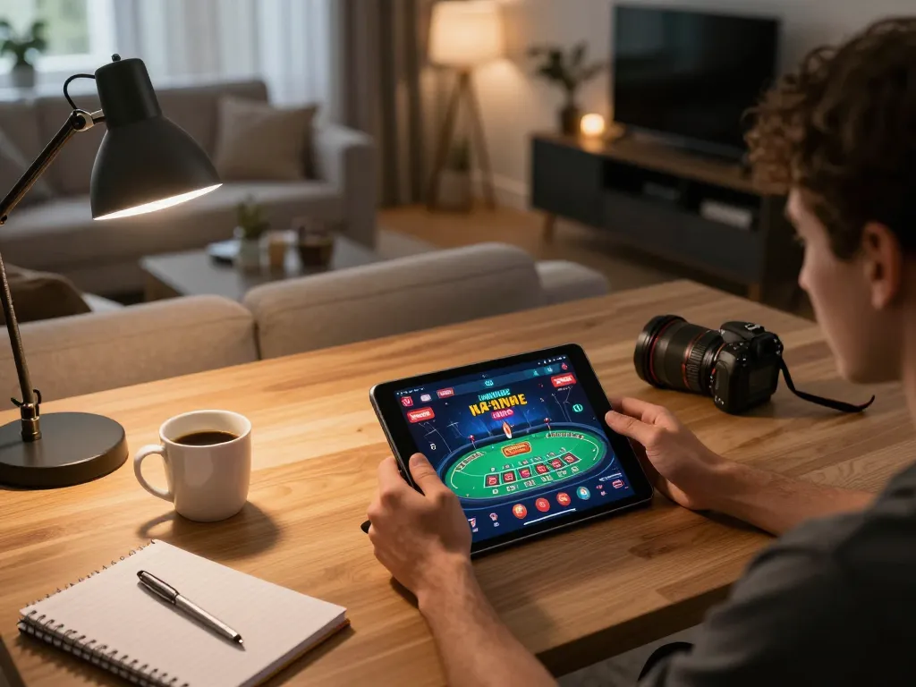 Jeu en ligne dans un casino fiable sans KYC sur une tablette dans un salon cozy, mettant l'accent sur la stratégie et le plaisir.