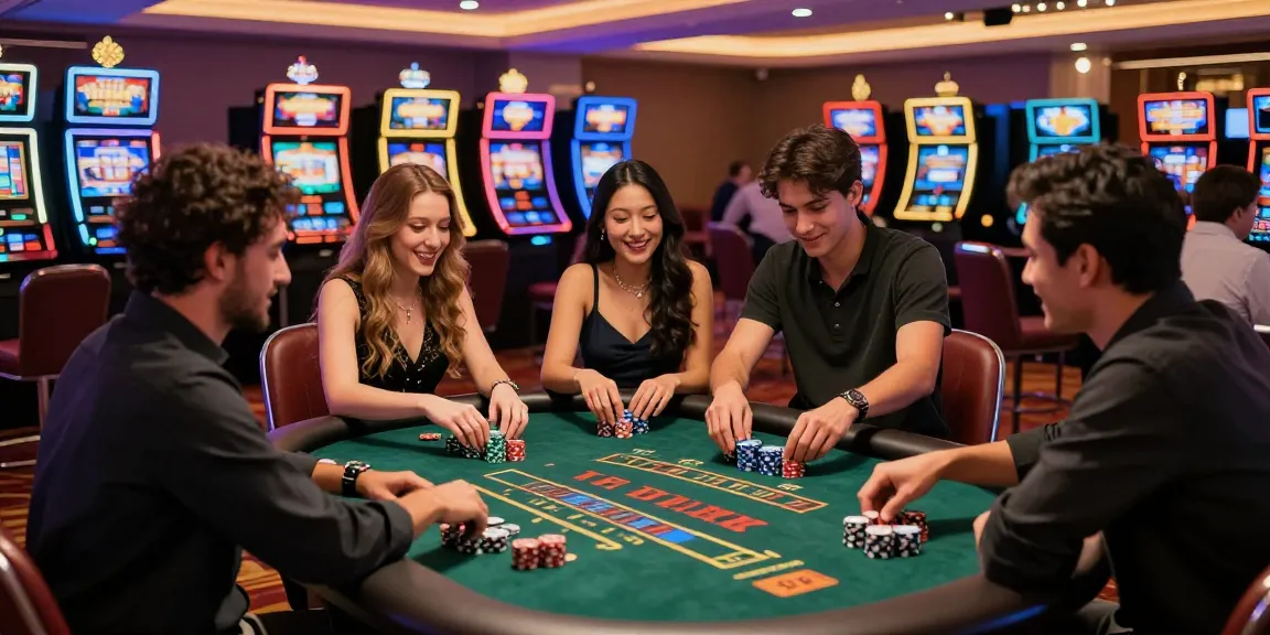 Friends enjoying pin up juegos at a lively casino table surrounded by colorful slot machines.