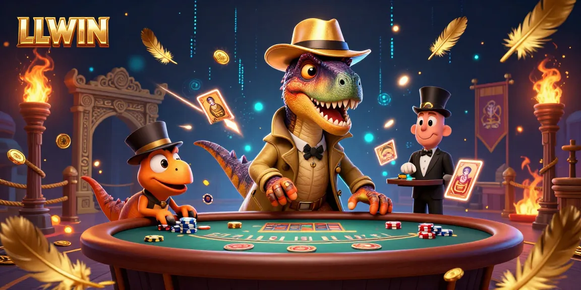 LLWIN showcases a vibrant casino scene with a velociraptor card counter and a stegosaurus pit boss in a dynamic blackjack atmosphere.