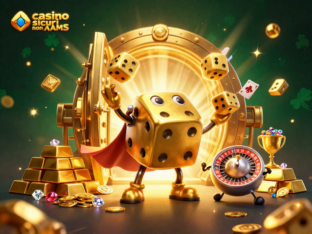 Gioca con dolci vincite nei casino sicuri non AAMS, ricca illustrazione 3D di dadi dorati e giochi da tavolo