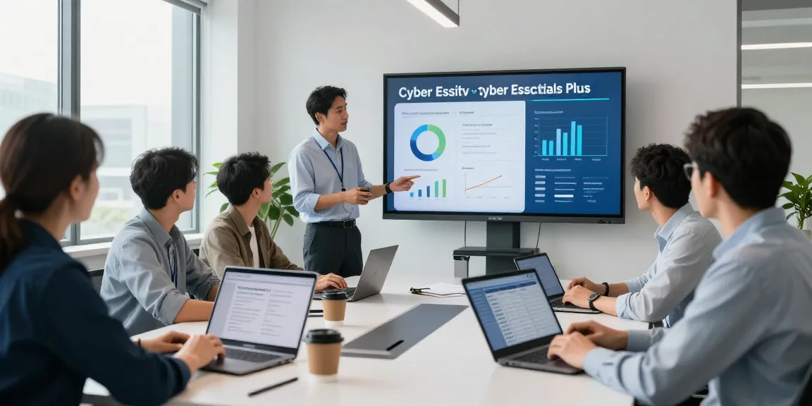 Team discussing cyber essentials vs cyber essentials plus certification in a modern office.