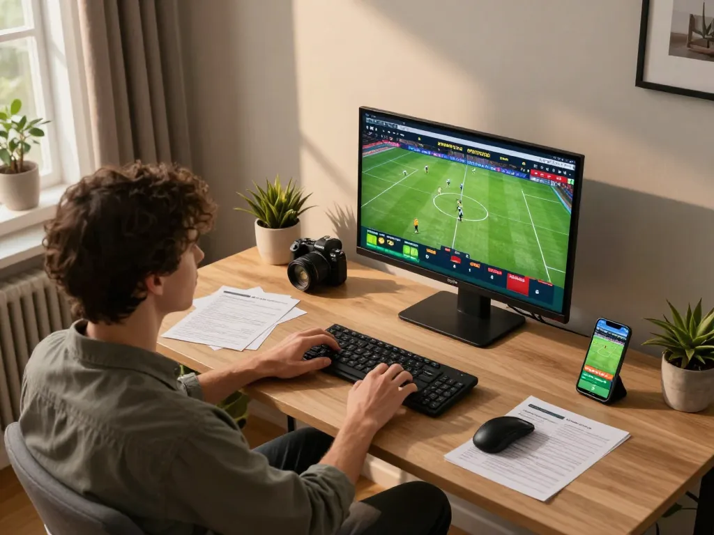 Person engaging in online sports betting on keonhacaii, with cozy gaming setup and betting notes.