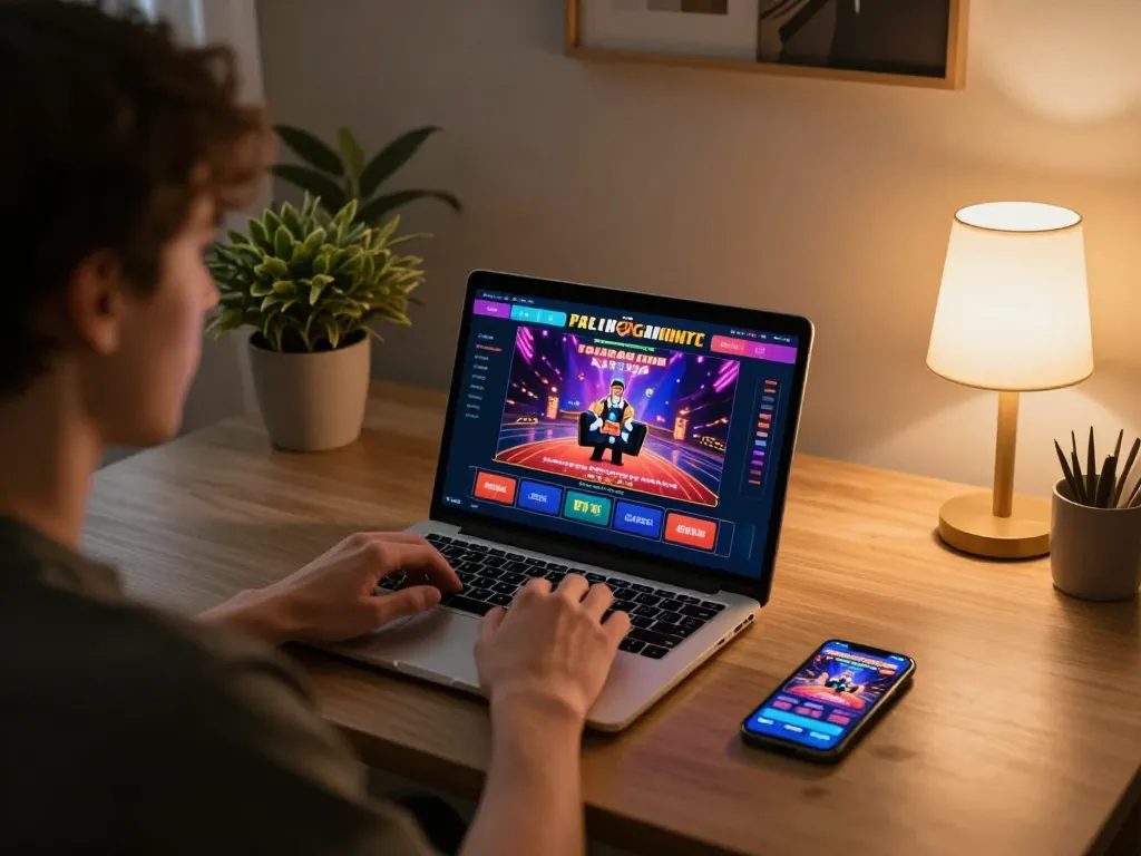 Scène de jeu en ligne engageante montrant un utilisateur participant à un casino en ligne paiement rapide depuis chez lui.