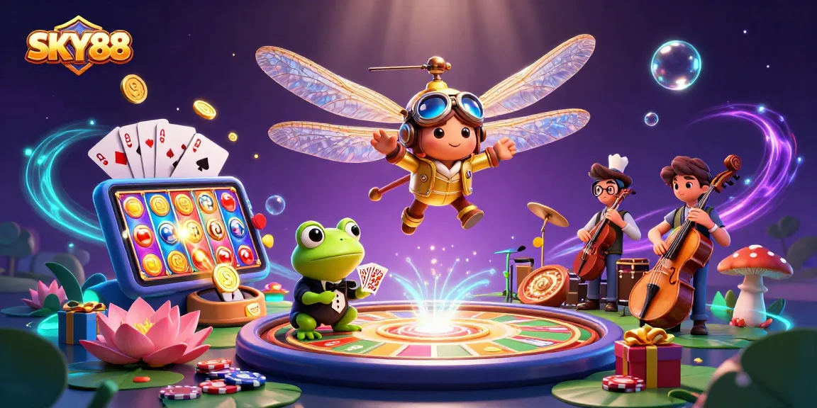 Experience thrilling gaming at SKY88 with a dynamic 3D cartoon casino scene featuring exciting characters and gameplay elements.