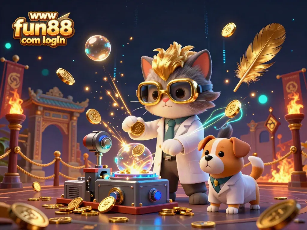 Experience gaming thrills with www fun88 com login as dynamic characters create a coin-replication machine amidst a vibrant casino scene.