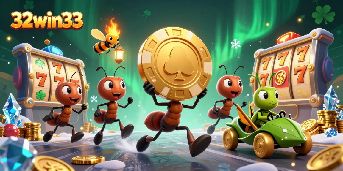 32win33 showcases a 3D cartoon heist theme with ants transporting a giant poker chip, celebrating online gaming.