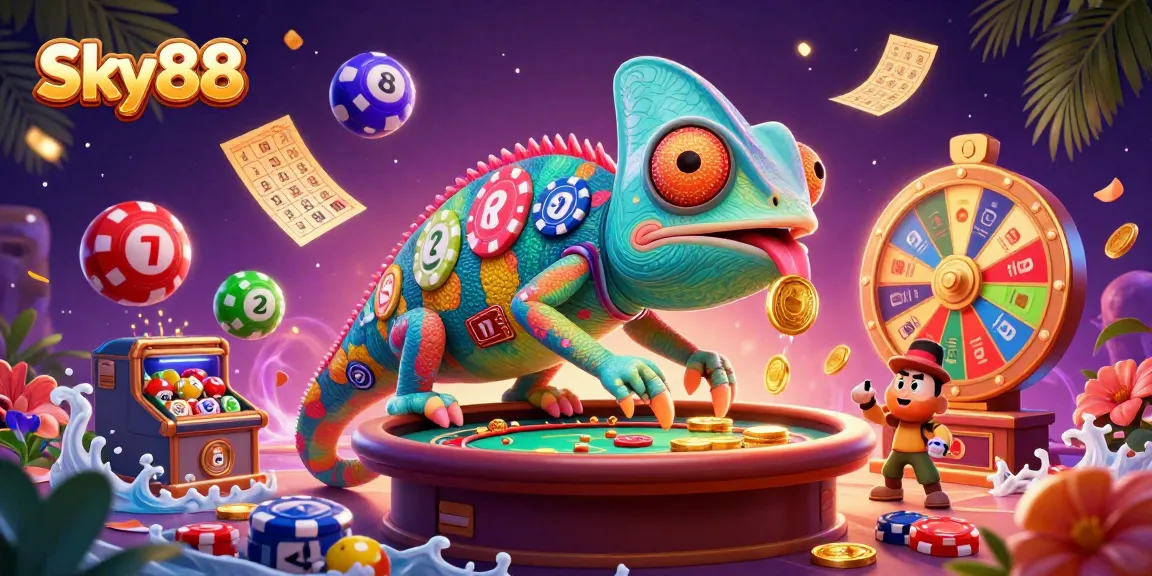 Engage with Sky88's exciting gaming world through vibrant lottery elements and casino action.