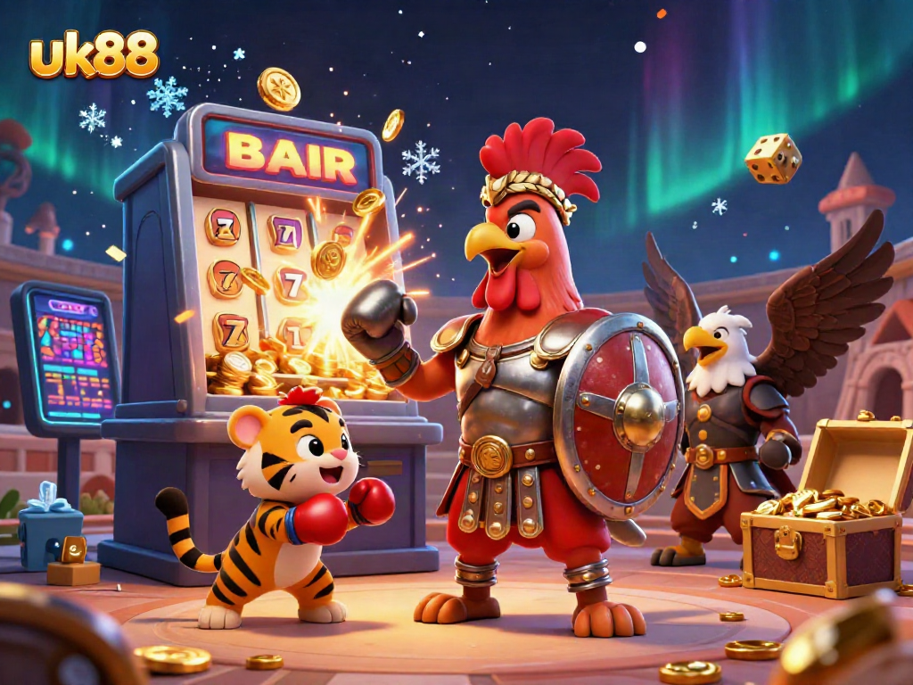 Experience excitement at uk88 with a captivating 3D illustration of gaming action and vibrant casino elements.