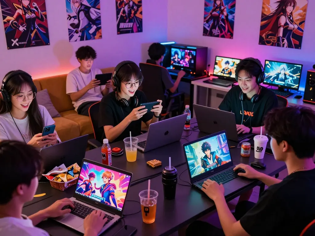 Excited players engaging in xxx games across multiple devices in a vibrant gaming environment.
