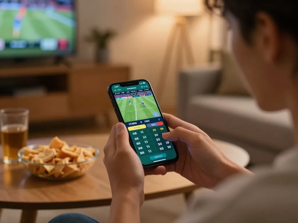 Excited player engaging in sports betting via smartphone on keonhacai5 during live game.