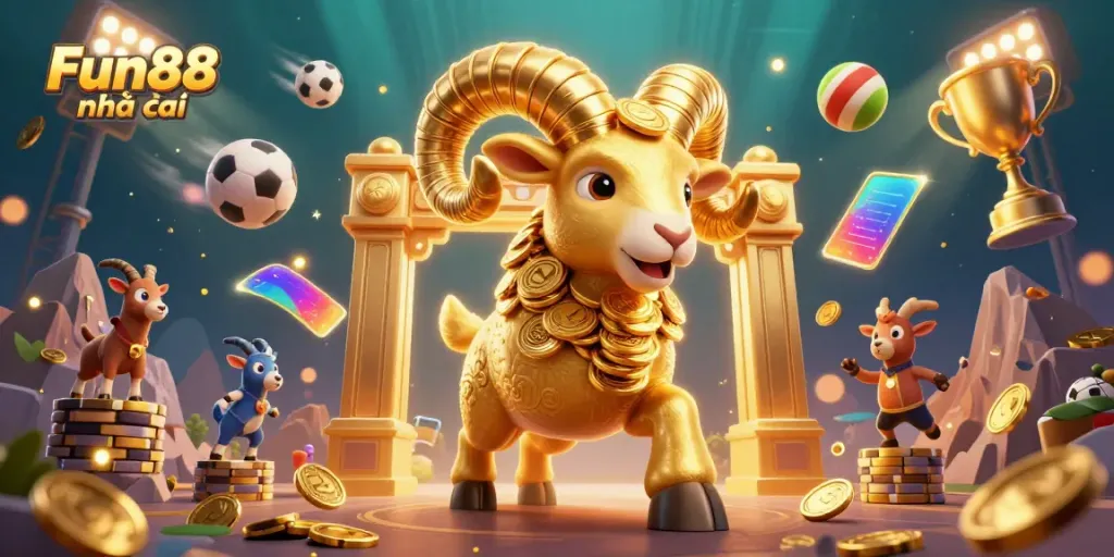 Witness the Fun88 nhà cái golden ram charging through a vibrant casino scene packed with sports elements.