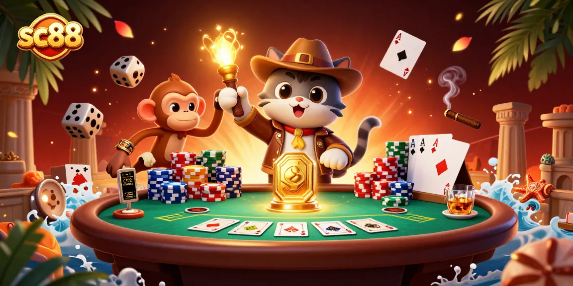 Experience the thrilling world of sc88 with a cat adventurer discovering golden artifacts at a vibrant casino.