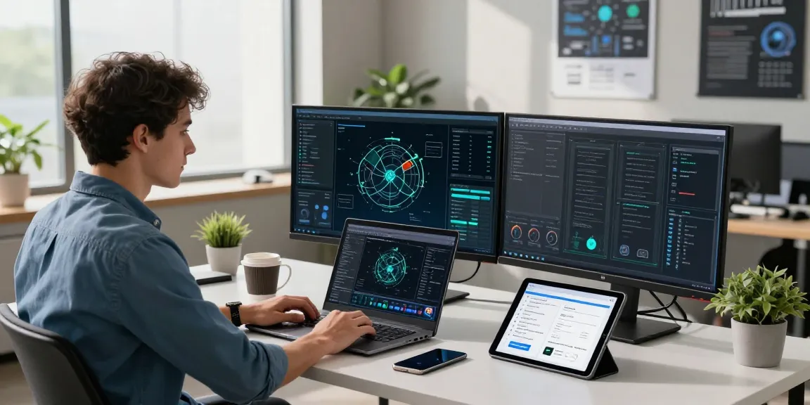 快连 network optimization workspace with monitors, laptop, and analytics in a modern office environment.