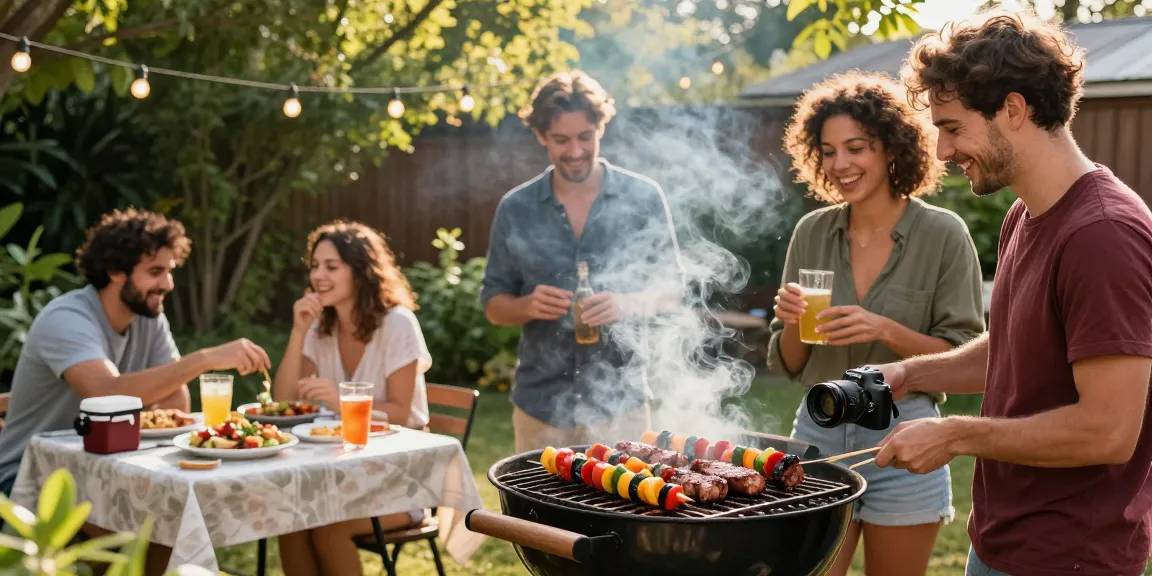Barbecue di halaman belakang dengan kelompok teman menikmati hidangan sambil membahas BOS 88.