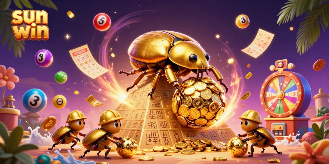 Join the excitement of sun win as golden beetles roll coins and lottery elements surround them.