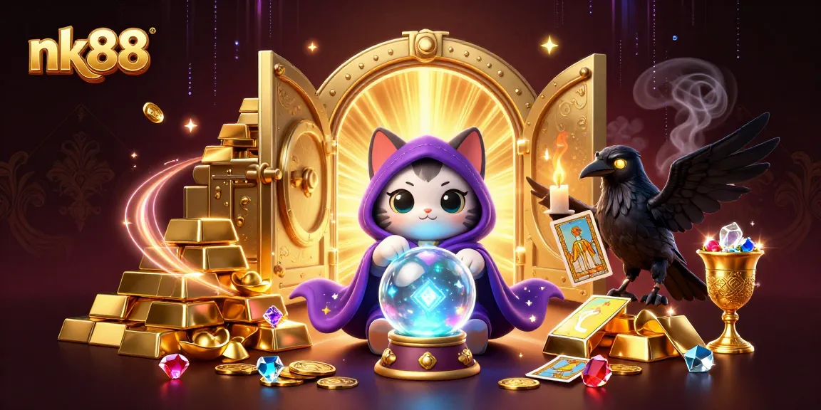 Engage in thrilling adventures at nk88, where a mystic cat and vibrant elements create an enchanting casino atmosphere.