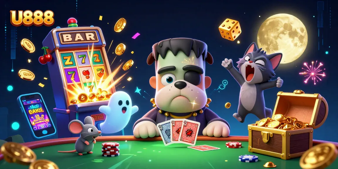 U888 offers engaging gameplay with Frankenstein bulldog monster dealing cards in a vibrant casino scene.