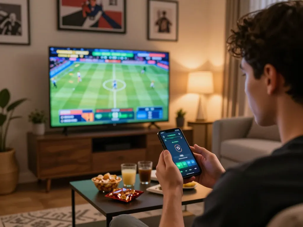 Engaging in live sports betting on rr88, showcasing smartphone and sports broadcast setup.